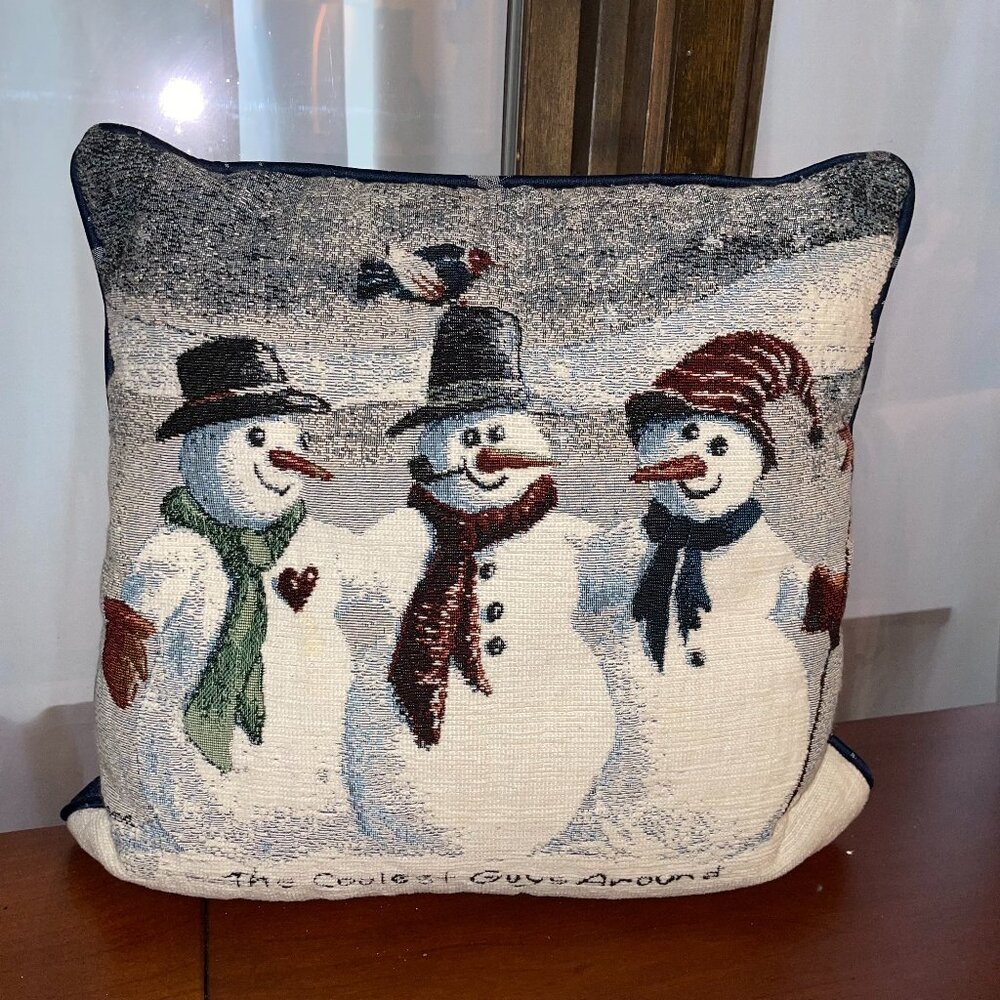 Throw Pillow Plush Decorative with 3 Winter Snowmen "The Coolest Guys Around"
